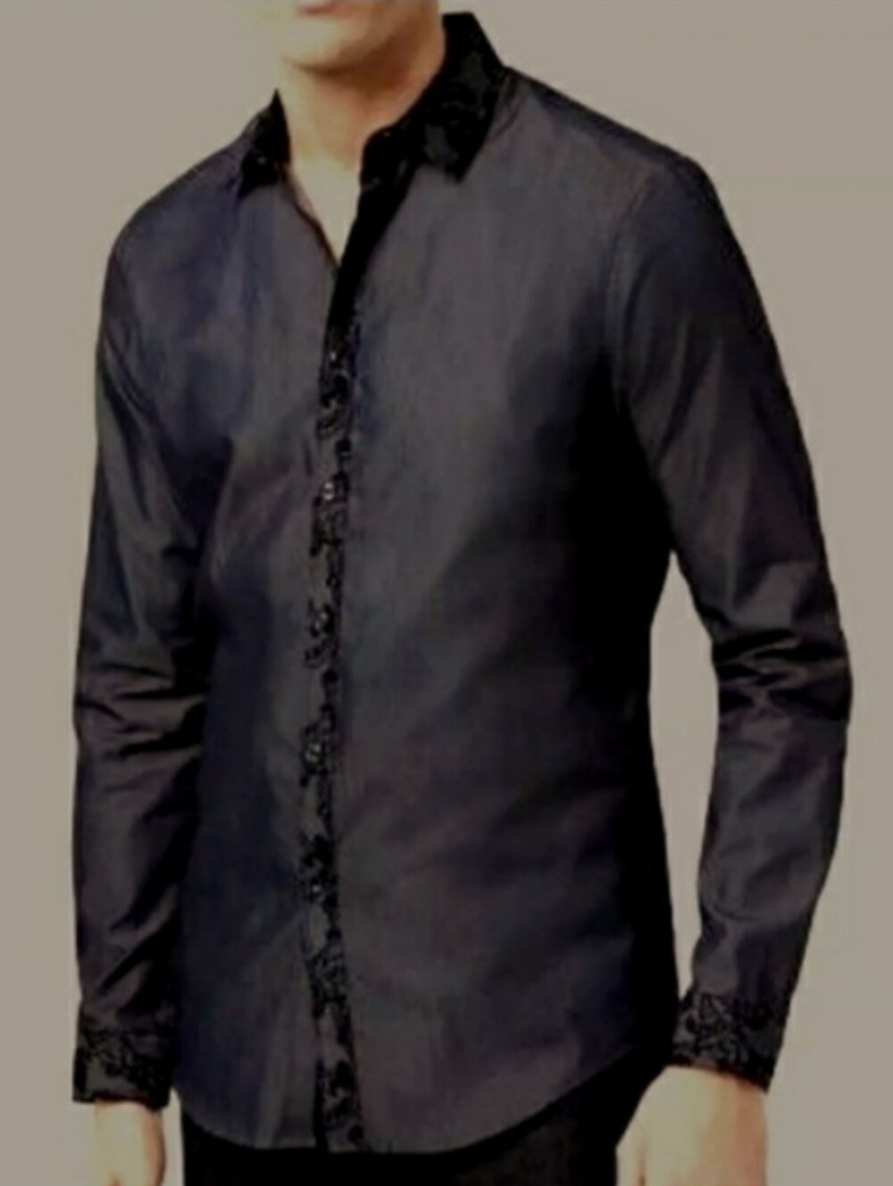 INC Men's Size M Black Long Sleeve Western Dress Shirt Flocked Paisley Collar